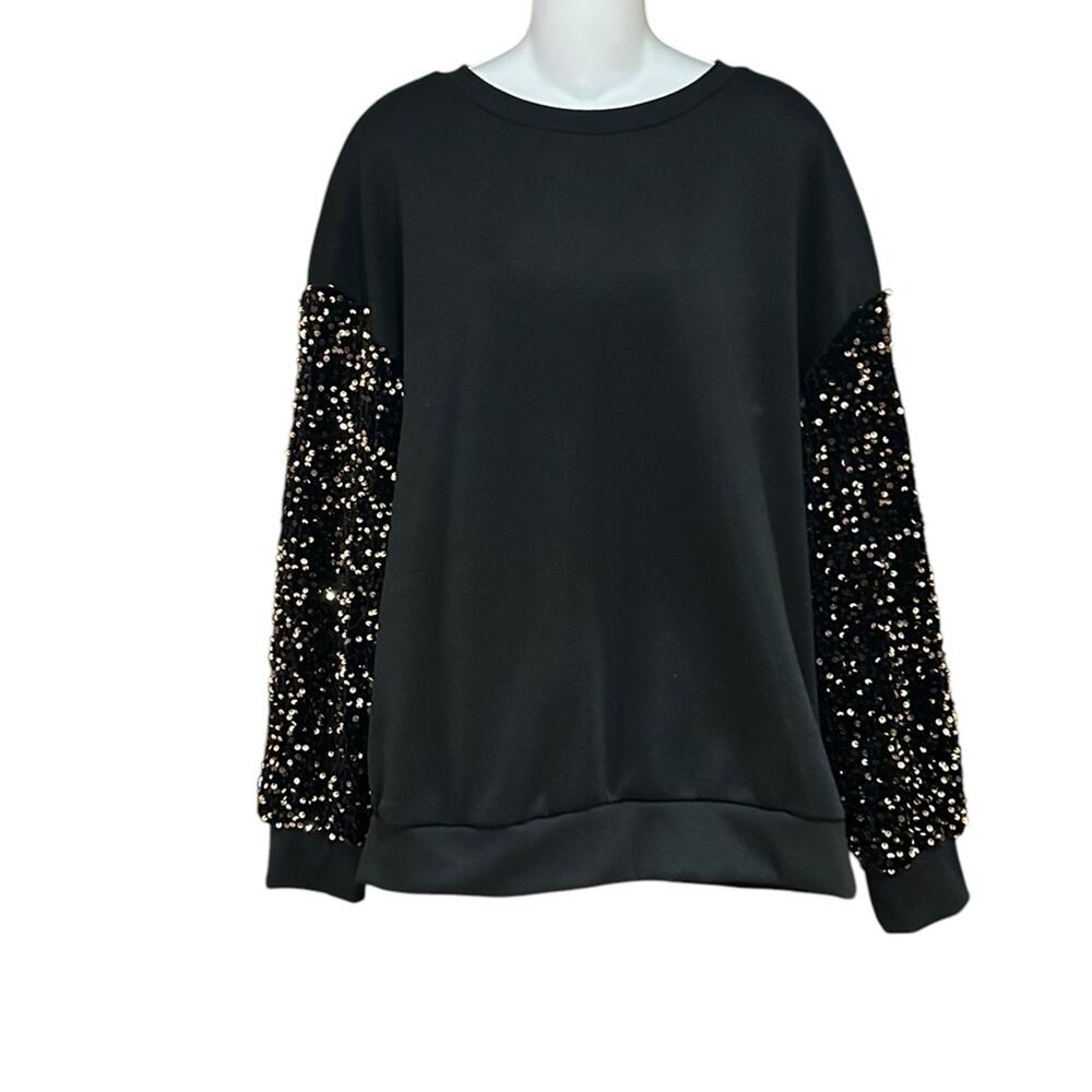 Black Sweatshirt with Velvet & Sequin Sleeve Women's Size Large - Picture 1 of 6